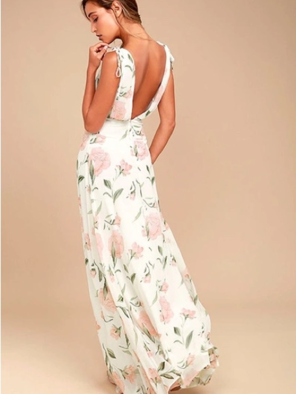 Lulus Floral Open-Back Maxi Dress in White and Blush